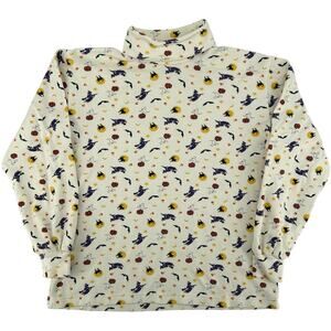 VTG y2k Women's Halloween Pumpkins Bat Ghost Cat AOP Turtleneck Long Sleeve Sz M